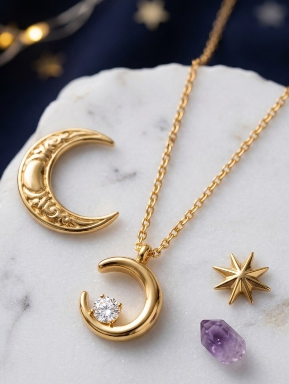 Gold Crescent Moon Necklace CZ Pendant Dainty Celestial Layering Adjustable 16"